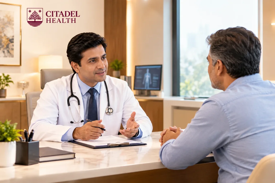A Citadel doctor talking with a patient across a consulting-room desk.
