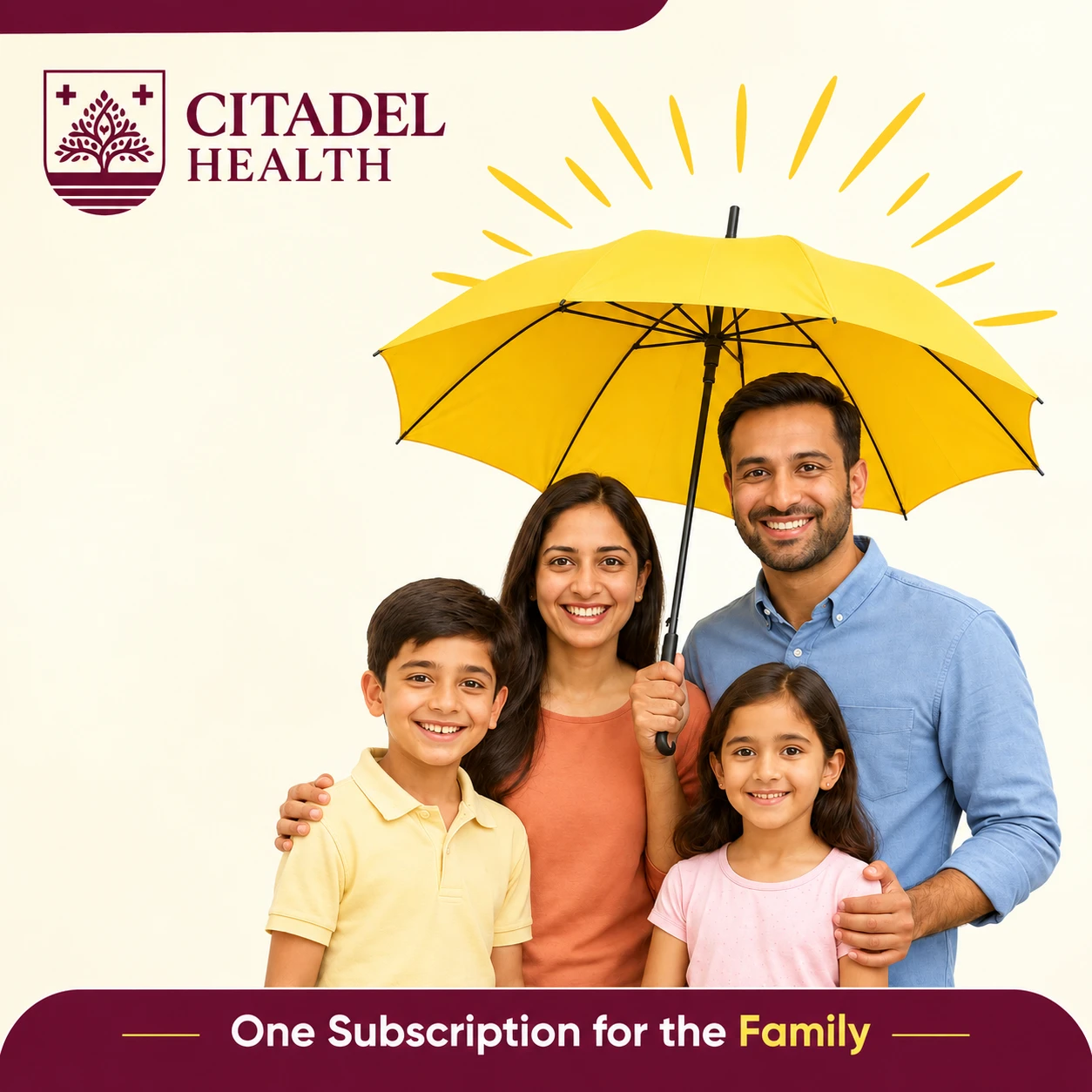 Citadel Health — one subscription for the family. Two parents and two children sheltering together under an umbrella.