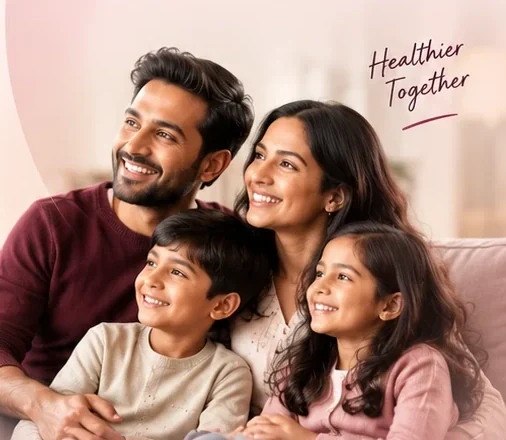A family of four together on a sofa.